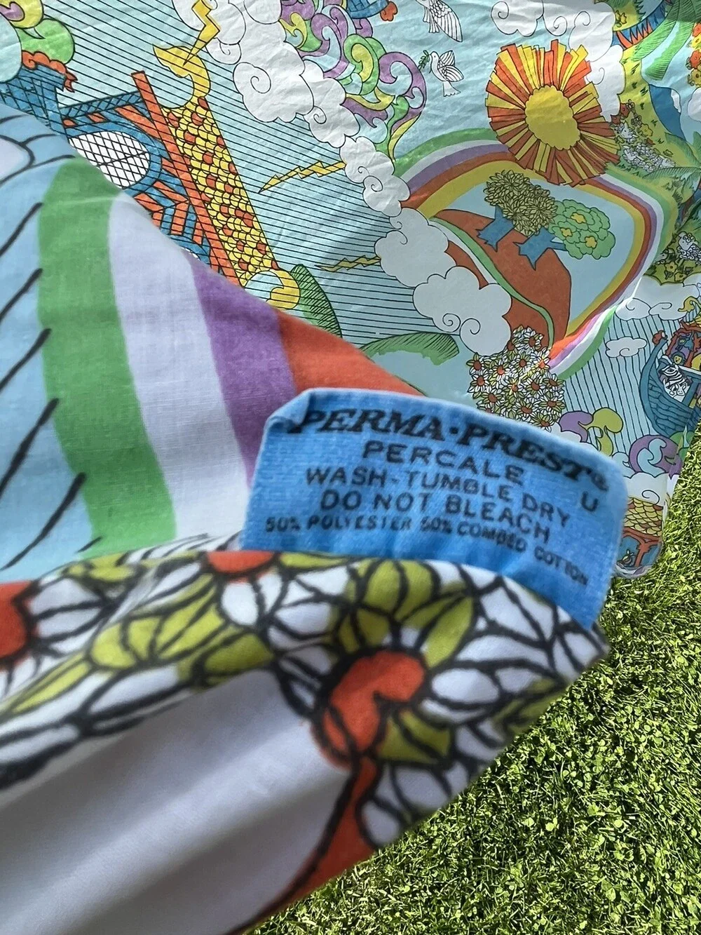 VTG Groovy Noah Ark Vintage Twin Fitted Bed Sheet Mod Psychedelic Colorful Sears